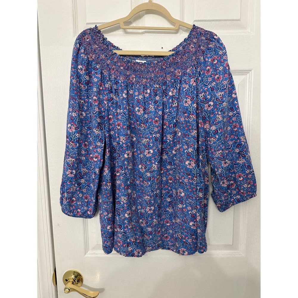 J. Jill Blue Floral Smocked Square Neck 3/4 Sleeve Blouse XL